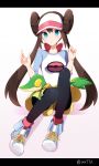  1girl aa_(sin2324) bangs black_legwear blue_eyes blue_footwear boots breasts brown_hair closed_eyes closed_mouth commentary_request double_bun fingernails full_body gen_5_pokemon hair_between_eyes hands_up highres long_hair looking_at_viewer mei_(pokemon) pantyhose pleated_skirt pokemon pokemon_(creature) pokemon_(game) pokemon_bw shirt sitting skirt small_breasts snivy sweat twintails twitter_username very_long_hair visor_cap white_background white_headwear white_shirt yellow_skirt 