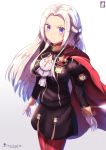  1girl absurdres black_jacket black_skirt blue_eyes blush breasts cape chinchongcha cleavage cleavage_cutout closed_mouth edelgard_von_hresvelg fire_emblem fire_emblem:_three_houses gloves hair_intakes hair_ribbon highres jacket long_hair long_sleeves looking_at_viewer medium_breasts military military_jacket military_uniform miniskirt pantyhose purple_ribbon red_cape red_legwear ribbon shiny shiny_hair silver_hair simple_background skirt smile solo standing uniform v-shaped_eyebrows very_long_hair white_background white_gloves 