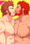  2boys abs bara beard blue_eyes breasts brown_hair chest cleavage facial_hair fate/grand_order fate_(series) highres kiss looking_at_another male_focus mazjojo multiple_boys muscle napoleon_bonaparte_(fate/grand_order) nipples open_mouth pectoral_docking pectorals red_hair rider_(fate/zero) scar shirtless simple_background smile upper_body veins yaoi 