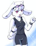  4_fingers anthro armband bovid breasts caprine clothing eyewear female fingers fist fur g-sun goat goggles hair horn kemono low_res mammal one-piece_swimsuit open_mouth pink_eyes short_tail simple_background solo swimwear white_fur 
