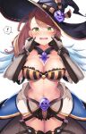  ! 1girl absurdres arm_grab armor arms_up bandeau bangs bare_shoulders beatrix_(granblue_fantasy) black_gloves black_headwear black_shorts blush breasts brown_hair cheek_pinching cleavage cowboy_shot crop_top embarrassed eyebrows_visible_through_hair faulds frilled frills gloves granblue_fantasy green_eyes hands_on_another&#039;s_arms hands_on_another&#039;s_cheeks hands_on_another&#039;s_face hands_up hat highres large_breasts long_hair looking_at_viewer midriff navel open_mouth pinching ponytail pov pov_hands revealing_clothes short_shorts shorts showgirl_skirt simple_background solo spoken_exclamation_mark stomach strapless surprised teeth thighhighs thighs tube_top white_background witch_hat yamato_(muchuu_paradigm) 
