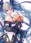  1girl :d bangs bare_shoulders black_legwear black_skirt black_sleeves blue_neckwear blush bouquet collared_shirt commentary_request detached_sleeves eyebrows_visible_through_hair flower green_eyes green_hair hair_between_eyes hatsune_miku holding holding_bouquet long_hair long_sleeves necktie open_mouth pink_flower pink_rose pleated_skirt rose shiomizu_(swat) shirt skirt sleeveless sleeveless_shirt smile solo tears thighhighs twintails very_long_hair vocaloid white_background white_shirt wide_sleeves 