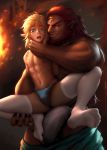  asphyxiation blonde_hair blue_eyes breath_of_the_wild bulge choking clothed clothing duo ear_piercing ear_ring facial_hair fire ganondorf gerudo girly grin hair homri humanoid humanoid_pointy_ears hylian larger_male link long_hair male male/male mammal muscular muscular_male nintendo nipples not_furry partially_clothed penis_outline piercing red_eyes scratch size_difference smaller_male smile teeth the_legend_of_zelda underwear video_games 
