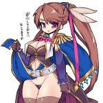  1girl blush breasts brown_hair brown_legwear c-string cape cleavage cravat epaulettes eyebrows_visible_through_hair feathers hair_feathers ingrid_(sennen_sensou_aigis) large_breasts long_hair nemui_(nemui) pelvic_curtain pelvic_curtain_lift purple_eyes sennen_sensou_aigis simple_background solo thighhighs translation_request very_long_hair white_background 