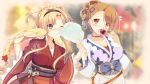  2girls alternate_costume alternate_hairstyle beatrix_(granblue_fantasy) black_hairband blonde_hair blue_eyes blush braid breasts brown_eyes brown_hair candy_apple cleavage collarbone commentary_request cotton_candy eating eyebrows_visible_through_hair fan food granblue_fantasy hair_over_one_eye hair_up hairband highres japanese_clothes jewelry kimono kuruhoro large_breasts long_hair looking_at_viewer multiple_girls necklace open_mouth red_kimono single_braid white_kimono yukata zeta_(granblue_fantasy) 