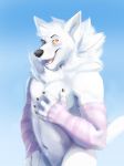 2019 5_fingers anthro arctic_wolf arm_warmers armwear biped black_nose blue_background canid canine canis clothed clothing eyebrows fingers fur hair looking_aside male mammal neck_tuft pink_eyes simple_background smile solaxe_(artist) solo standing topless tuft white_fur white_hair white_skin wolf 
