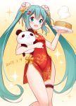  1girl :3 :d animal aqua_eyes aqua_hair blush blush_stickers china_dress chinese_clothes dated dress garters gradient gradient_background hair_ornament hair_ribbon hairclip hatsune_miku holding holding_animal long_hair open_mouth panda plate red_dress ribbon smile snowmi solo standing standing_on_one_leg twintails very_long_hair vocaloid yellow_background 
