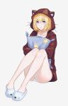  1girl animal_ears animal_hood animal_slippers ass azur_lane bangs bare_legs bataan_(azur_lane) blonde_hair blue_eyes cat_ears collarbone commentary eyebrows_visible_through_hair fake_animal_ears full_body hair_between_eyes holding holding_pillow hood hooded_pajamas knees_together knees_up looking_at_viewer olin_(nienxddd) open_mouth pajamas panties pillow short_hair sidelocks simple_background sitting slippers solo underwear whiskers white_background white_panties 