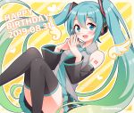  1girl :d aqua_eyes aqua_hair black_legwear black_skirt black_sleeves blush dated detached_sleeves eyebrows_visible_through_hair feet_out_of_frame hair_between_eyes happy_birthday hatsune_miku headset long_hair looking_at_viewer necktie number_tattoo open_mouth pleated_skirt sitting skirt smile snowmi solo steepled_fingers striped striped_background tattoo thighhighs twintails twitter_username very_long_hair vocaloid yellow_background 