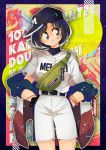  1girl baseball_cap baseball_uniform belt black_eyes black_hair black_headwear blush bracelet check_character fanny_pack hands_in_pockets hat highres hinase_futaba jewelry mix_(manga) shirt short_sleeves shorts smile solo sportswear standing tachibana_otomi white_shirt wristband zipper 