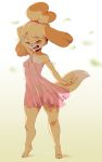  2019 animal_crossing anthro blonde_hair breasts canid canine canis clothed clothing coffeechicken domestic_dog dress eyes_closed female hair hi_res isabelle_(animal_crossing) mammal nintendo open_mouth shih_tzu solo toy_dog video_games 