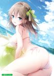  1girl absurdres artist_name ass bangs beach bikini blue_eyes blue_sky blurry blurry_background blush breasts brown_hair cloud cloudy_sky day eyebrows_visible_through_hair hair_ornament highres looking_at_viewer medium_breasts melonbooks mochizuki_shiina ocean open_mouth outdoors scan shiny shiny_hair side-tie_bikini sideboob sitting sky smile solo swimsuit thighs water white_bikini 