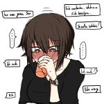  ... 1girl bangs black_shirt blush brown_eyes brown_hair casual cup drinking drinking_glass eyebrows_visible_through_hair full-face_blush german_text girls_und_panzer holding holding_cup looking_down motion_lines nishizumi_maho noumen older shirt short_hair short_sleeves simple_background solo spoken_ellipsis sweat sweatdrop translation_request upper_body watch white_background wristwatch 