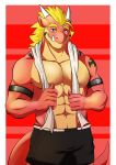  5_fingers abs anthro biceps blonde_hair bottomwear clothed clothing delga dragon fingers hair horn lofnirv looking_at_viewer male muscular muscular_male shorts smile solo tagme topless 