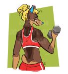  anthro biceps canid canine canis clothed clothing digital_media_(artwork) dobermann domestic_dog female fur hair mammal muscular nicnak044 pinscher smile solo 
