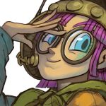 antenna blue_eyes chrono_trigger close-up eyebrows_visible_through_hair eyelashes female female_focus female_only garrett_hanna glasses hair hand_on_glasses happy helmet human looking_at_viewer lucca_ashtear microphone portrait purple_hair sleeves smile solo solo_focus square_enix video_games 