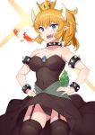  1girl absurdres bare_shoulders black_legwear black_leotard blonde_hair blue_eyes bowsette breasts cleavage collar collarbone covered_navel crown earrings fangs fire garter_straps hands_on_hips highres horns jewelry large_breasts leotard long_hair looking_at_viewer manglifer mario_(series) new_super_mario_bros._u_deluxe pointy_ears ponytail sharp_teeth sidelocks skindentation solo spiked_armlet spiked_collar spiked_shell spikes standing super_crown tail teeth thighhighs thighs tongue tongue_out 