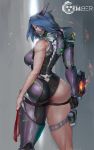  1girl absurdres arm_at_side ass blue_eyes blue_hair breasts cutesexyrobutts cybernetic_parts from_behind gun highres looking_at_viewer looking_back medium_breasts original paid_reward patreon_reward short_hair solo thick_thighs thighs weapon 