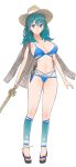  1girl bikini blue_eyes blue_hair blue_swimsuit breasts byleth_(fire_emblem) byleth_(fire_emblem)_(female) dagger fire_emblem fire_emblem:_three_houses full_body hat highres holding holding_sword holding_weapon large_breasts medium_hair neee-t sandals sheath sheathed simple_background solo swimsuit sword weapon white_background 