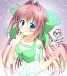  1girl artist_name asakura_otome bare_shoulders blue_eyes blush bow breasts brown_hair collarbone commentary_request da_capo da_capo_ii dress eyebrows_visible_through_hair finger_to_mouth green_bow green_vest hair_between_eyes hair_bow heart kayura_yuka long_hair looking_at_viewer signature small_breasts smile solo vest white_dress 