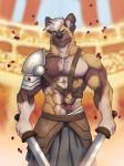  2019 abs african_wild_dog anthro arena armor athletic biped black_nose brown_fur brown_skin canid canine ear_piercing ear_ring eyebrows fur gladiator hair holding_object holding_sword holding_weapon looking_at_viewer male mammal melee_weapon multicolored_fur multicolored_skin muscular muscular_male pecs piercing scar solaxe_(artist) solo standing sword tunic weapon white_fur white_hair white_skin 