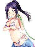  1girl ;d absurdres arm_under_breasts bangs bikini blush breast_hold breasts cleavage cowboy_shot front-tie_bikini front-tie_top highres large_breasts long_hair looking_at_viewer love_live! love_live!_sunshine!! matsuura_kanan navel one_eye_closed open_mouth parted_bangs ponytail purple_eyes purple_hair rozen5 scan shower_head side-tie_bikini sidelocks simple_background smile solo striped striped_bikini swimsuit wet white_background 