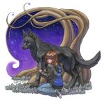  2009 black_eyes canid canine canis clothed clothing detailed_background duo feral human katie_hofgard kneeling mammal night outside sky stanidng star starry_sky traditional_media_(artwork) wolf 
