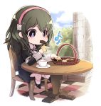  1girl blue_eyes blue_hair byleth_(fire_emblem) byleth_(fire_emblem)_(female) chair chibi cookie cup eating fire_emblem fire_emblem:_three_houses food hairband highres holding long_sleeves medium_hair nakabayashi_zun pink_hairband sitting solo table teacup uniform 