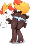  ... 3_toes anus black_fur blush bodily_fluids braixen butt camel_toe clothing cute_fangs dipstick_tail female fluffy fluffy_tail fur inner_ear_fluff multicolored_tail nintendo open_mouth panties panties_down pawpads pink_pawpads pok&eacute;mon pok&eacute;mon_(species) pussy raised_tail rear_view red_fur red_nose shy simple_background snout solo speech_bubble sweat toes underwear video_games white_background white_fur yellow_fur も 