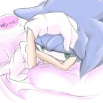  1:1 anthro bed blue_fur clothing dialogue english_text eulipotyphlan fur gloves green_eyes half-closed_eyes handwear hedgehog male mammal on_bed simple_background solo sonic_(series) sonic_the_hedgehog speech_bubble text white_background なし 