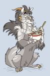  ambiguous_gender chopsticks colored_nails dragon eating food fur furred_dragon grey_fur holding_object horn meertak nails noodles ramen smile solo tail_tuft tuft yellow_nails 