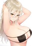  1girl anza_tomo armpits arms_behind_head arms_up bangs bare_shoulders bikini black_bikini blonde_hair blush breasts cleavage closed_mouth collarbone eyepatch_bikini green_eyes hair_between_eyes highres large_breasts long_hair looking_at_viewer original simple_background smile solo swimsuit white_background 