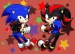  anthro backpack black_fur blue_fur clothing duo eulipotyphlan footwear fur gloves green_eyes grin handwear hedgehog hi_res inanimate_object looking_back male mammal rear_view red_background red_eyes red_fur segawa9091 shadow_the_hedgehog shoes simple_background smile sonic_(series) sonic_the_hedgehog star 