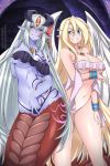  2girls :d alina_pegova alisfieze_fateburn_xvi angel_wings ankle_cuffs artist_name bangs bare_legs bare_shoulders blonde_hair blue_eyes blue_skin blush bra bracelet breast_hold breast_tattoo breasts cleavage commentary commission crazy_eyes crazy_smile curvy diadem english_commentary eyebrows_visible_through_hair facial_tattoo flower grin hair_between_eyes hair_flower hair_ornament half-closed_eye half-closed_eyes hand_in_panties horns ilias jewelry lamia large_breasts long_hair looking looking_at_viewer mon-musu_quest! monster_girl multiple_girls navel open_mouth panties parted_lips pointy_ears scales sidelocks silver_hair slit_pupils smile tail tattoo underwear very_long_hair wings yellow_eyes 