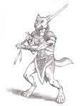  0laffson 4_toes 5_fingers anthro barefoot canid canine canis clothed clothing coyote fingers holding_object holding_weapon male mammal melee_weapon simple_background solo sword teeth toes traditional_media_(artwork) weapon white_background 