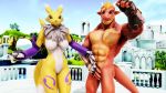  2019 3d_(artwork) abs anthro big_breasts blonde_hair blue_eyes breasts delga digimon digimon_(species) digital_media_(artwork) dragon duo female fur hair horn male malicekira mugen muscular muscular_male nude open_mouth renamon scalie smile yellow_fur 