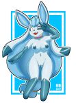  2017 anthro anthrofied breasts butt_from_the_front collar digital_media_(artwork) eeveelution female gesture glaceon iabelle mammal nintendo nipples nude one_eye_closed open_mouth pok&eacute;mon pok&eacute;mon_(species) pose pussy simple_background solo v_sign video_games wink 