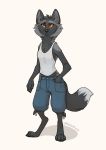  2019 abigfathen anthro barefoot biped bottomwear canid canine cheek_tuft claws clothing dipstick_tail elbow_tufts female fox fur grey_fur hand_in_pocket hi_res inner_ear_fluff mammal multicolored_fur multicolored_tail orange_sclera pockets shirt shorts simple_background solo standing toe_claws topwear tuft two_tone_fur white_background 