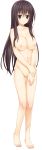  1girl absurdres ass_visible_through_thighs bangs black_hair blush breasts brown_eyes censored cleavage eyebrows_visible_through_hair full_body hand_on_own_arm highres large_breasts long_bangs long_hair looking_at_viewer nipples non-web_source nude oryou pretty_x_cation pussy smile solo standing tareme transparent_background yakuouji_komachi 