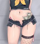  1girl arms_behind_back ass_visible_through_thighs asymmetrical_legwear azur_lane bache_(azur_lane) black_shirt commentary condom condom_in_clothes condom_wrapper cum cum_on_body cum_on_lower_body denim denim_shorts dollar_bill english_text feet_out_of_frame fishnets head_out_of_frame micro_shorts midriff monushi navel neckerchief open_fly shirt short_shorts shorts skindentation solo standing thigh_gap used_condom yellow_neckwear 