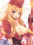  1girl armor armored_dress athena_(granblue_fantasy) bangs blonde_hair braid breasts commentary_request fire gauntlets granblue_fantasy helmet highres holding holding_weapon kztk large_breasts long_hair looking_at_viewer nipples out_of_frame purple_eyes shield shoulder_armor sidelocks upper_body very_long_hair weapon 