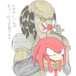  1:1 alien anthro clothing crossover duo echidna fur gloves handwear holding_character japanese_text knuckles_the_echidna male mammal monotreme predator_(franchise) red_fur simple_background sonic_(series) teeth text translation_request white_background yautja yellow_sclera なし 