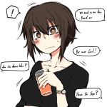  ! 1girl bangs black_shirt blush brown_eyes brown_hair casual closed_mouth commentary cup drinking_glass eyebrows_visible_through_hair frown german_text girls_und_panzer holding holding_cup looking_at_viewer motion_lines nishizumi_maho noumen older shirt short_hair short_sleeves simple_background solo spoken_exclamation_mark translation_request upper_body watch white_background wristwatch 