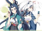  2girls animal_ears azur_lane bangs black_hair blue_eyes blush breasts bunny_ears confused glasses gloves gudon_(iukhzl) hair_ornament headband hiryuu_(azur_lane) japanese_clothes long_hair long_sleeves multiple_girls open_mouth ponytail smile souryuu_(azur_lane) white_hair 