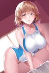  1girl all_fours ass bangs bare_arms bed blue_swimsuit blush breasts brown_hair collarbone competition_swimsuit covered_navel eyebrows_visible_through_hair furrowed_eyebrows half-closed_eyes highleg highleg_swimsuit huyumitsu large_breasts lips looking_at_viewer multicolored multicolored_clothes multicolored_swimsuit one-piece_swimsuit original parted_lips short_hair skindentation solo swimsuit two-tone_swimsuit white_swimsuit window yellow_eyes 