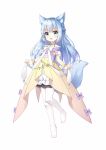  1girl :d animal_ear_fluff animal_ears bangs bare_shoulders blue_hair blush bow braid brown_dress brown_scrunchie chihong_de_tianshi collarbone commentary_request dress eyebrows_visible_through_hair fox_ears fox_girl fox_tail full_body green_eyes highres long_hair looking_at_viewer no_shoes off-shoulder_dress off_shoulder open_mouth original pantyhose purple_bow scrunchie simple_background skirt smile solo tail very_long_hair white_background white_legwear white_skirt wrist_scrunchie 