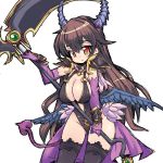  1girl black_hair black_legwear breasts demon_tail elbow_gloves eyebrows_visible_through_hair gloves horns large_breasts long_hair looking_at_viewer nemui_(nemui) orange_eyes purple_gloves scythe sennen_sensou_aigis simple_background solo sophie_(sennen_sensou_aigis) tail thighhighs white_background 