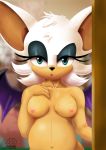  anthro arrowdark belly big_belly big_breasts blue_eyes blurred_background breasts chiropteran female fur half-closed_eyes looking_at_viewer mammal nude pregnant rouge_the_bat solo sonic_(series) voluptuous white_fur 