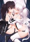 2girls :q absurdres ass bikini_top black_footwear black_gloves black_hair black_rock_shooter black_rock_shooter_(character) blue_eyes blush boots breast_press breasts bright_pupils butt_crack chain choker cleavage fanbox_reward gloves hair_between_eyes halterneck highres hood hooded_jacket hoodie jacket jewelry knee_boots long_hair m-da_s-tarou multiple_girls navel necklace off_shoulder paid_reward pink_eyes ribbon_choker short_shorts shorts sitting small_breasts symmetrical_docking thigh_strap thighhighs tongue tongue_out twintails very_long_hair wariza white_footwear white_hair white_legwear white_pupils white_rock_shooter 