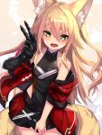  1girl :d animal_ear_fluff animal_ears bangs bare_shoulders black_gloves black_leotard blonde_hair blush breasts collarbone commentary_request elbow_gloves eyebrows_visible_through_hair fangs fox_ears fox_girl fox_tail gloves green_eyes haik hair_between_eyes highres jacket kitsune kokonoe_tsubaki leotard long_hair looking_at_viewer multiple_tails off_shoulder open_clothes open_jacket open_mouth original red_jacket red_skirt single_glove skirt small_breasts smile solo tail two_side_up v v-shaped_eyebrows very_long_hair 